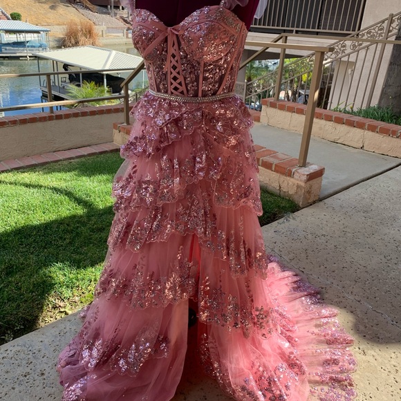 Glitter Mesh Corset Tiered Ballgown with Sequin and Ruffle Detail.
Prom dress. - Picture 8 of 17